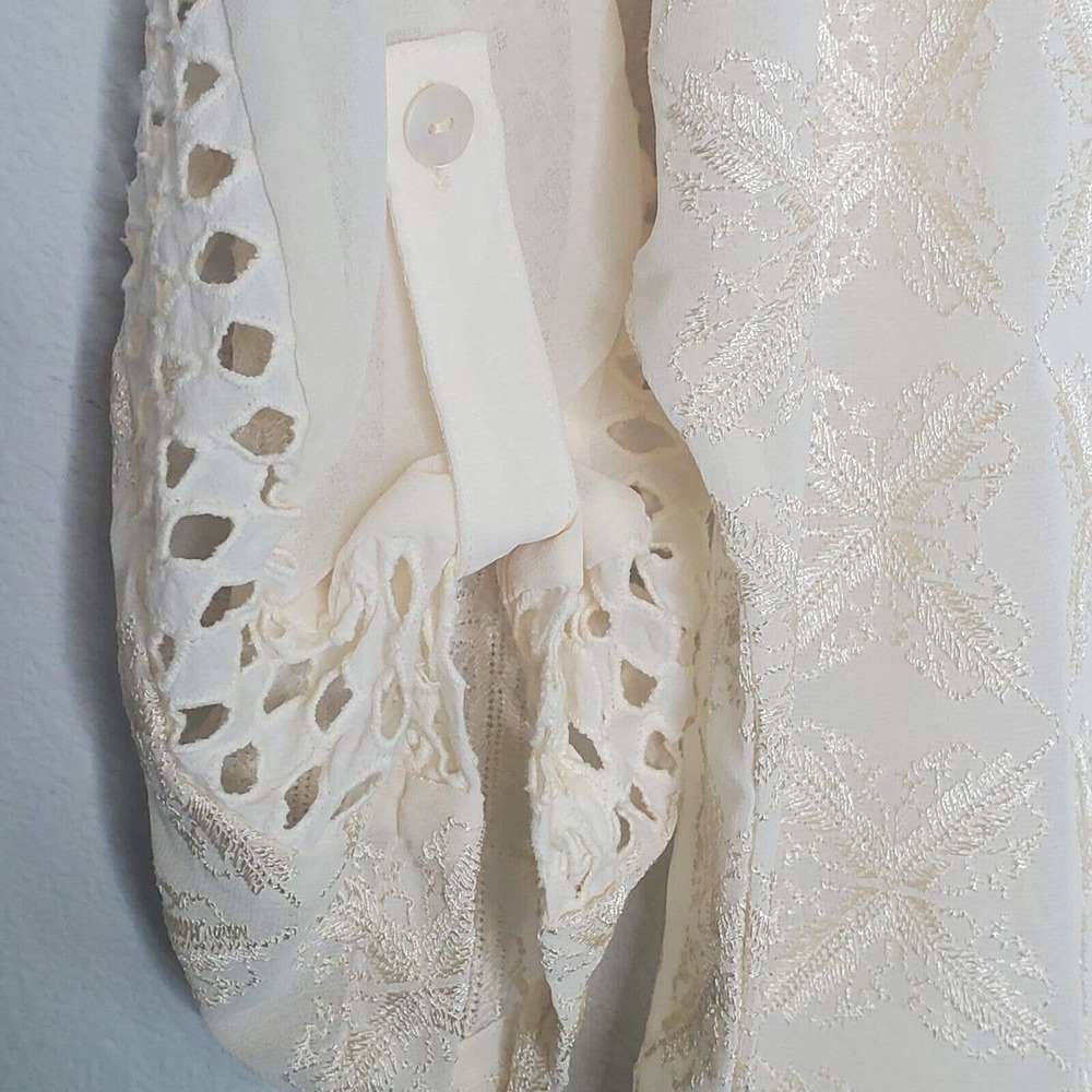 John Mark Womens Embroidered Keyhole Tie Up Neck Fold Up Cuff Sleeve Tunic Top M - Picture 6 of 11